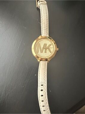 Michael Kors White Leather Strap Watch with Gold MK Logo Dial